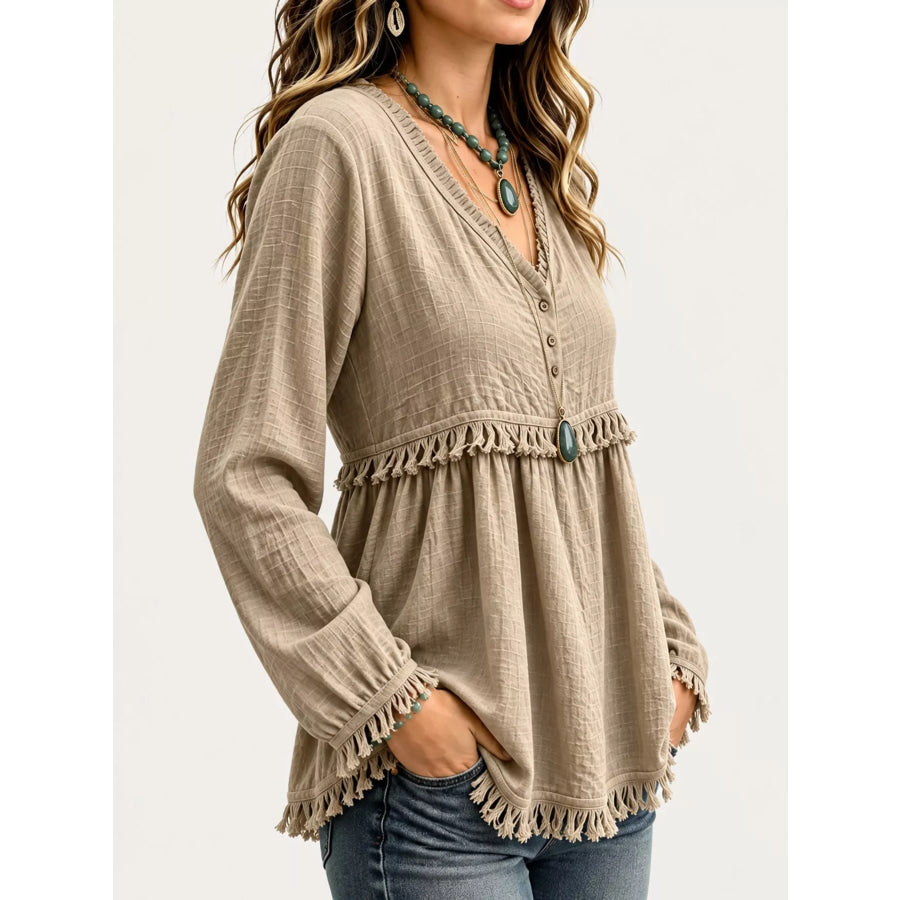 Full Size Fringed Trim V-Neck Long Sleeve Blouse Plus Apparel and Accessories
