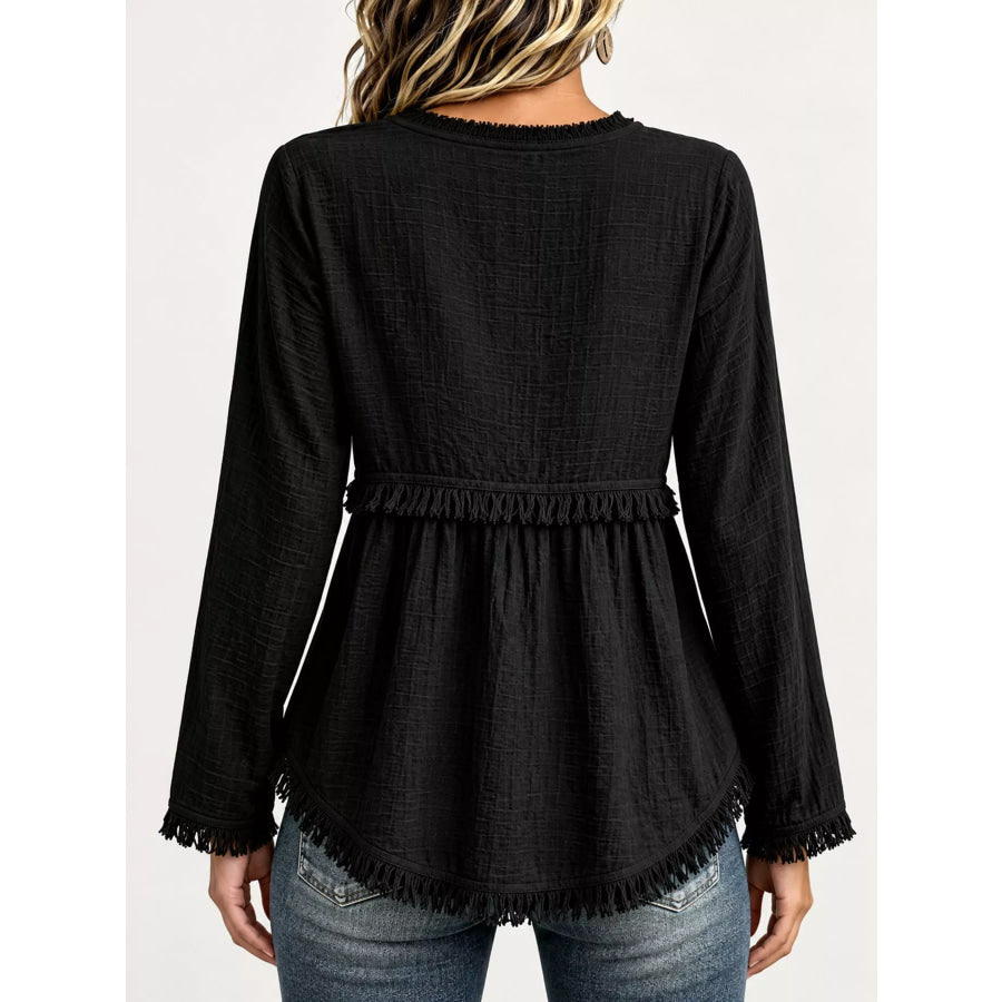 Full Size Fringed Trim V-Neck Long Sleeve Blouse Plus Apparel and Accessories