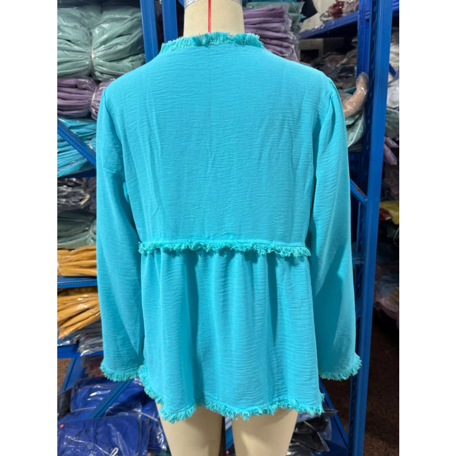 Full Size Fringed Trim V-Neck Long Sleeve Blouse Plus Apparel and Accessories