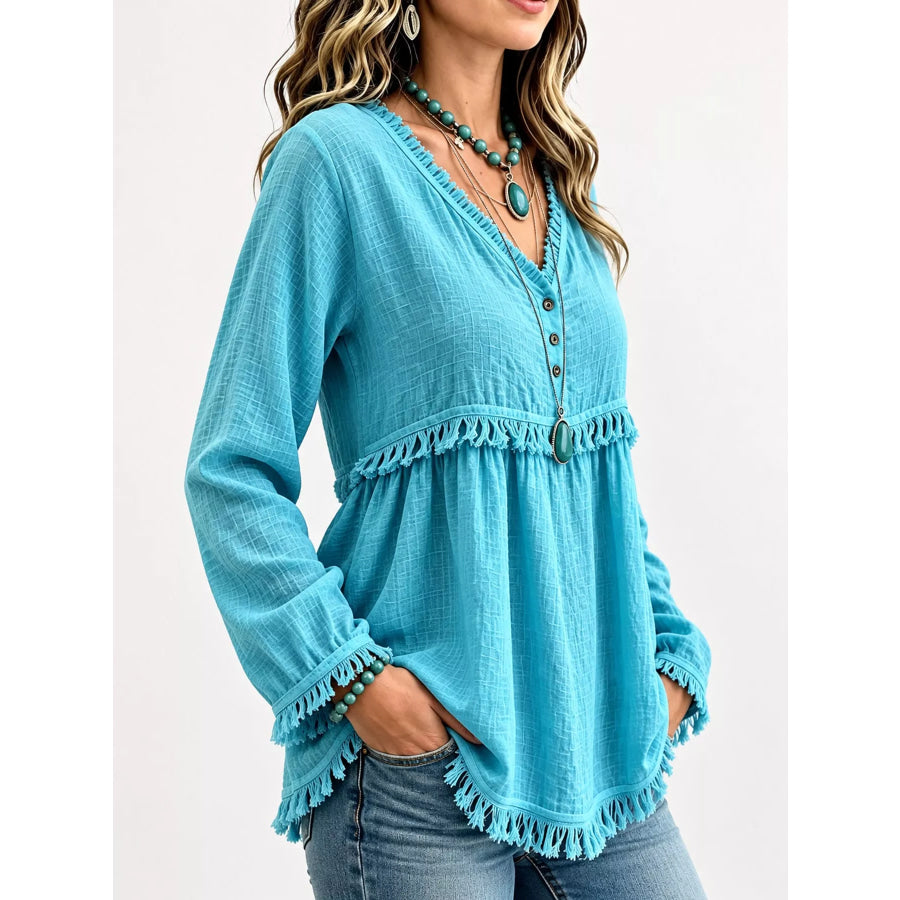 Full Size Fringed Trim V-Neck Long Sleeve Blouse Plus Apparel and Accessories