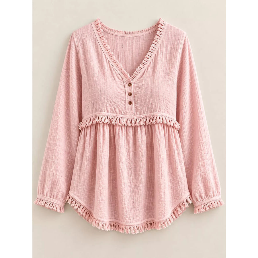 Full Size Fringed Trim V-Neck Long Sleeve Blouse Plus Apparel and Accessories