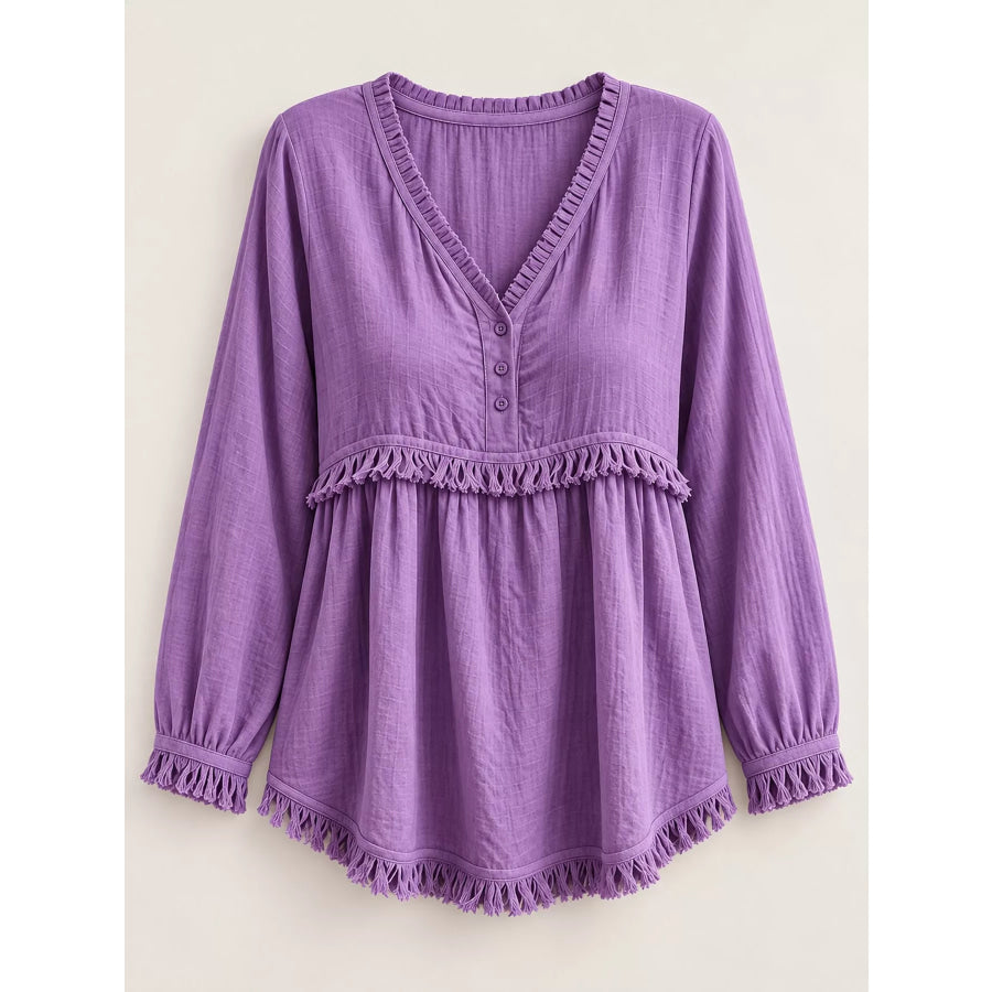 Full Size Fringed Trim V-Neck Long Sleeve Blouse Plus Apparel and Accessories