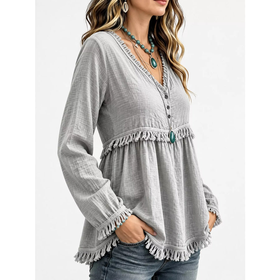 Full Size Fringed Trim V-Neck Long Sleeve Blouse Plus Apparel and Accessories