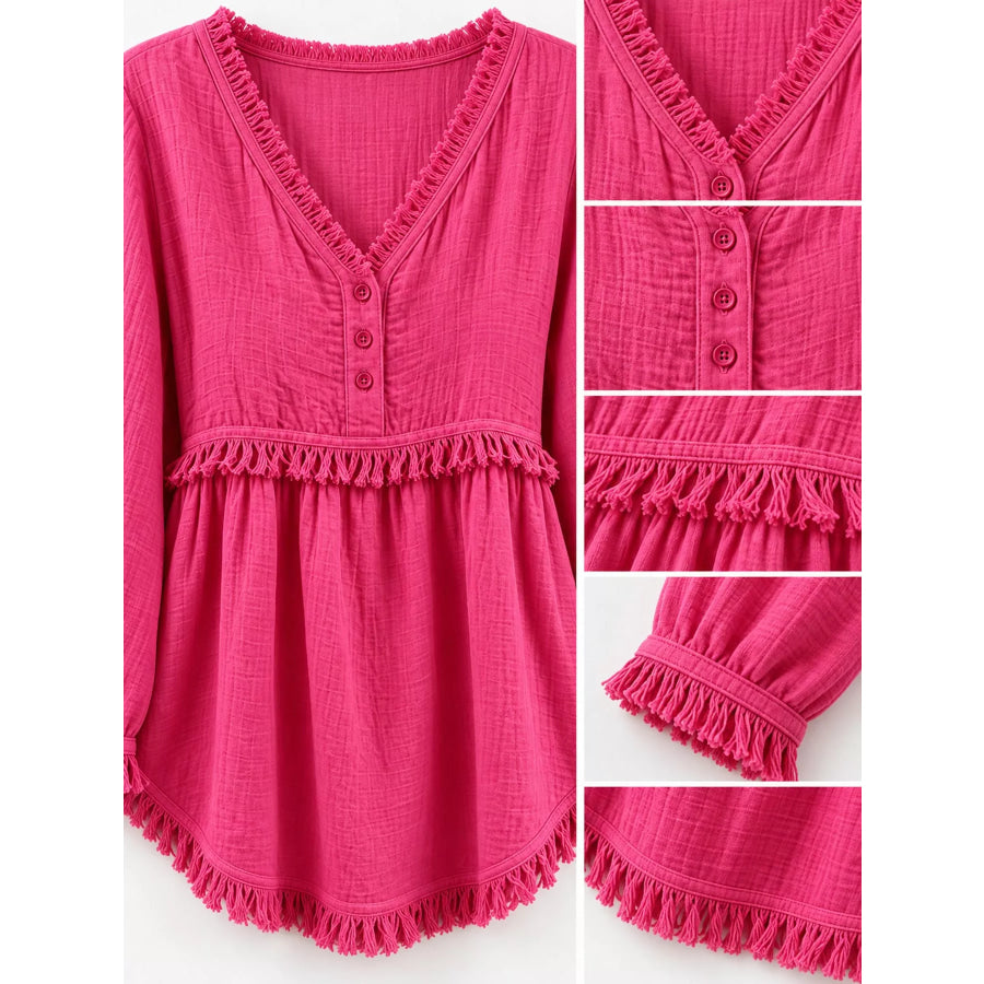 Full Size Fringed Trim V-Neck Long Sleeve Blouse Plus Apparel and Accessories