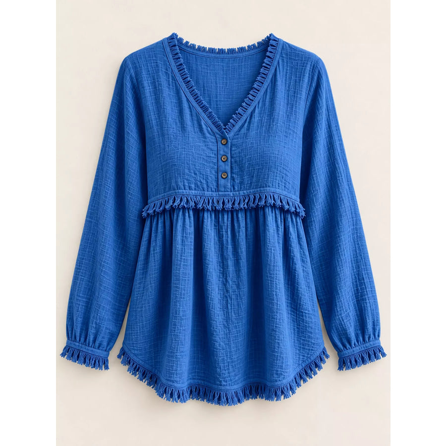 Full Size Fringed Trim V-Neck Long Sleeve Blouse Plus Apparel and Accessories