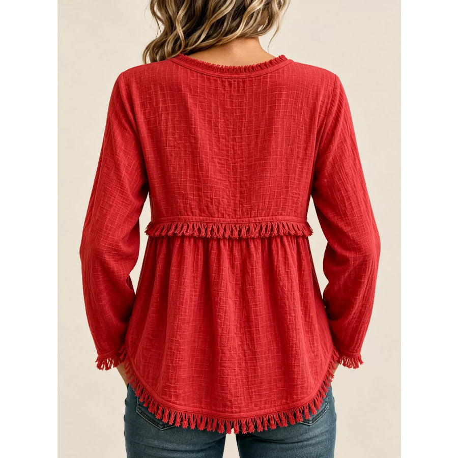 Full Size Fringed Trim V-Neck Long Sleeve Blouse Plus Apparel and Accessories