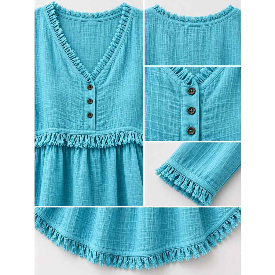 Full Size Fringed Trim V-Neck Long Sleeve Blouse Plus Apparel and Accessories