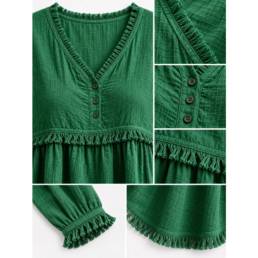 Full Size Fringed Trim V-Neck Long Sleeve Blouse Plus Apparel and Accessories
