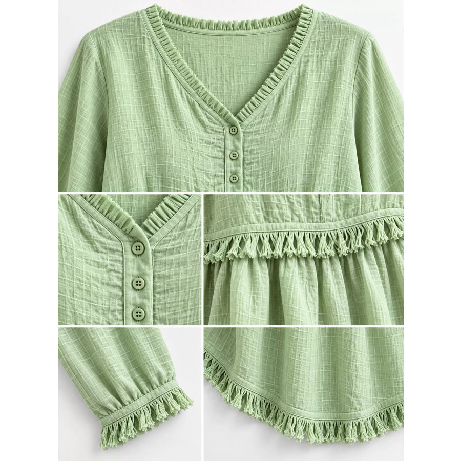 Full Size Fringed Trim V-Neck Long Sleeve Blouse Plus Apparel and Accessories