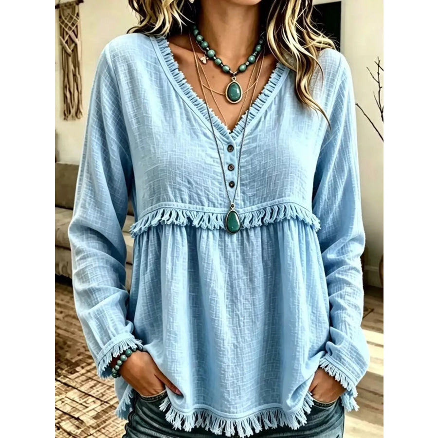 Full Size Fringed Trim V-Neck Long Sleeve Blouse Plus Apparel and Accessories