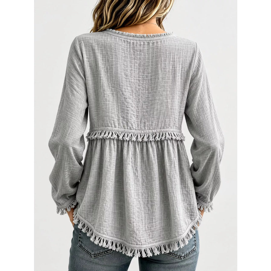 Full Size Fringed Trim V-Neck Long Sleeve Blouse Plus Apparel and Accessories