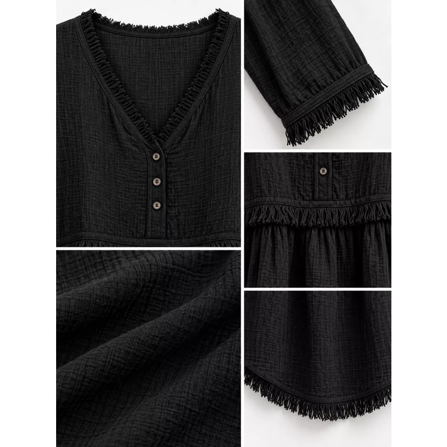 Full Size Fringed Trim V-Neck Long Sleeve Blouse Plus Apparel and Accessories