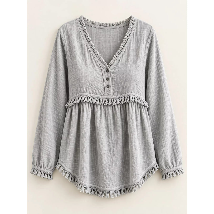 Full Size Fringed Trim V-Neck Long Sleeve Blouse Plus Apparel and Accessories