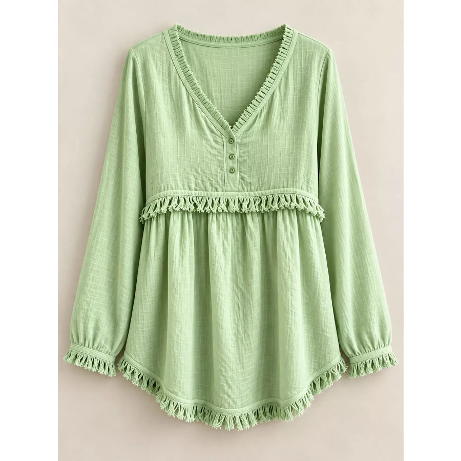 Full Size Fringed Trim V-Neck Long Sleeve Blouse Plus Apparel and Accessories