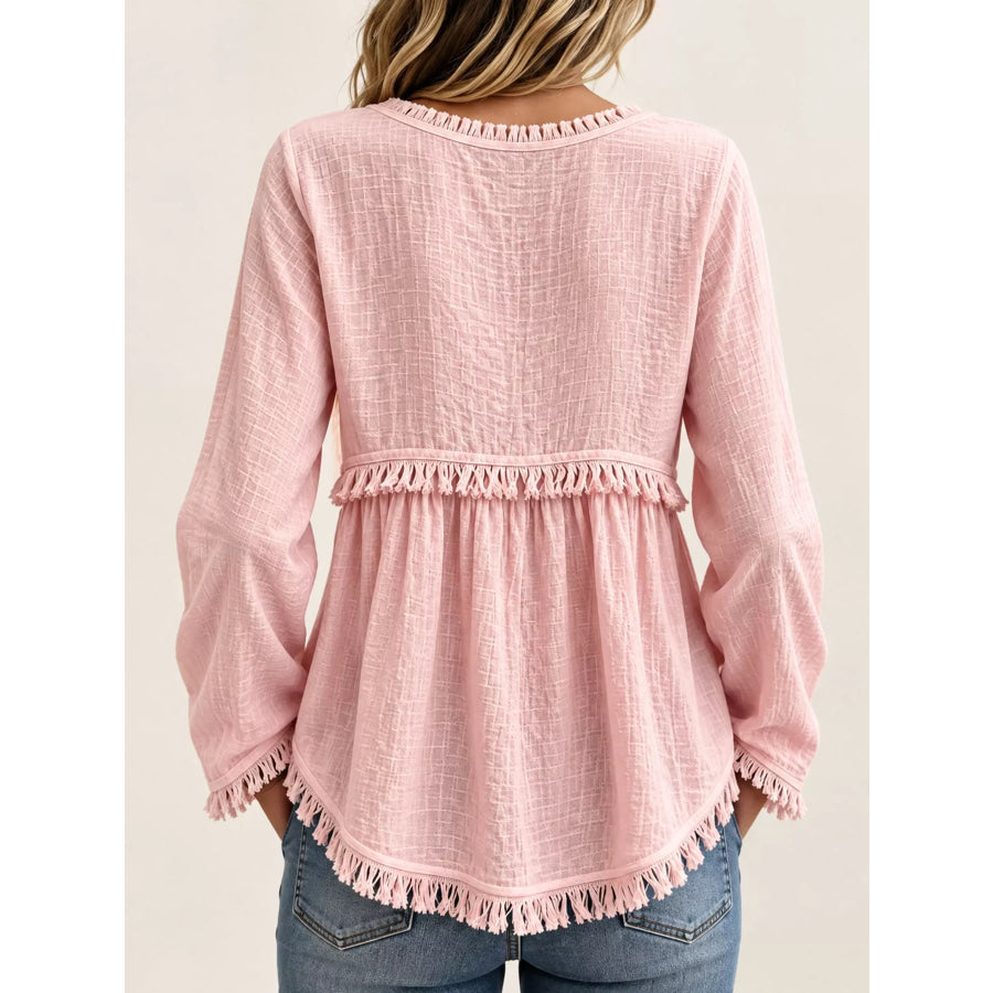 Full Size Fringed Trim V-Neck Long Sleeve Blouse Plus Apparel and Accessories