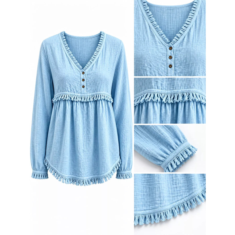 Full Size Fringed Trim V-Neck Long Sleeve Blouse Plus Apparel and Accessories