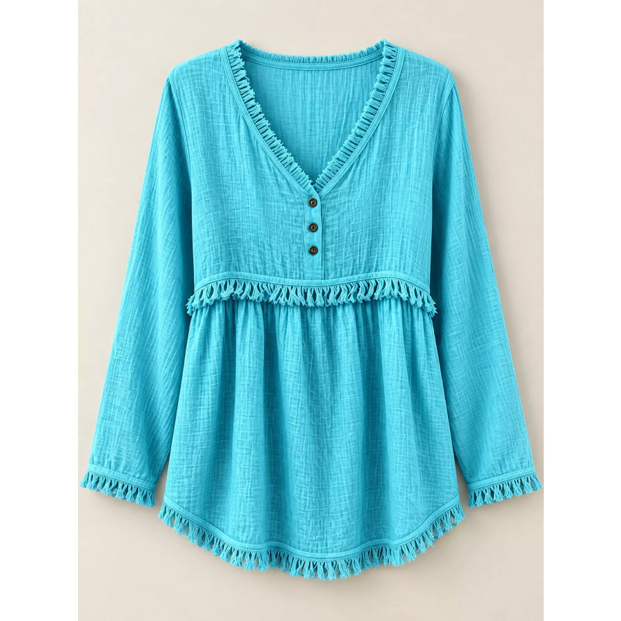 Full Size Fringed Trim V-Neck Long Sleeve Blouse Plus Apparel and Accessories