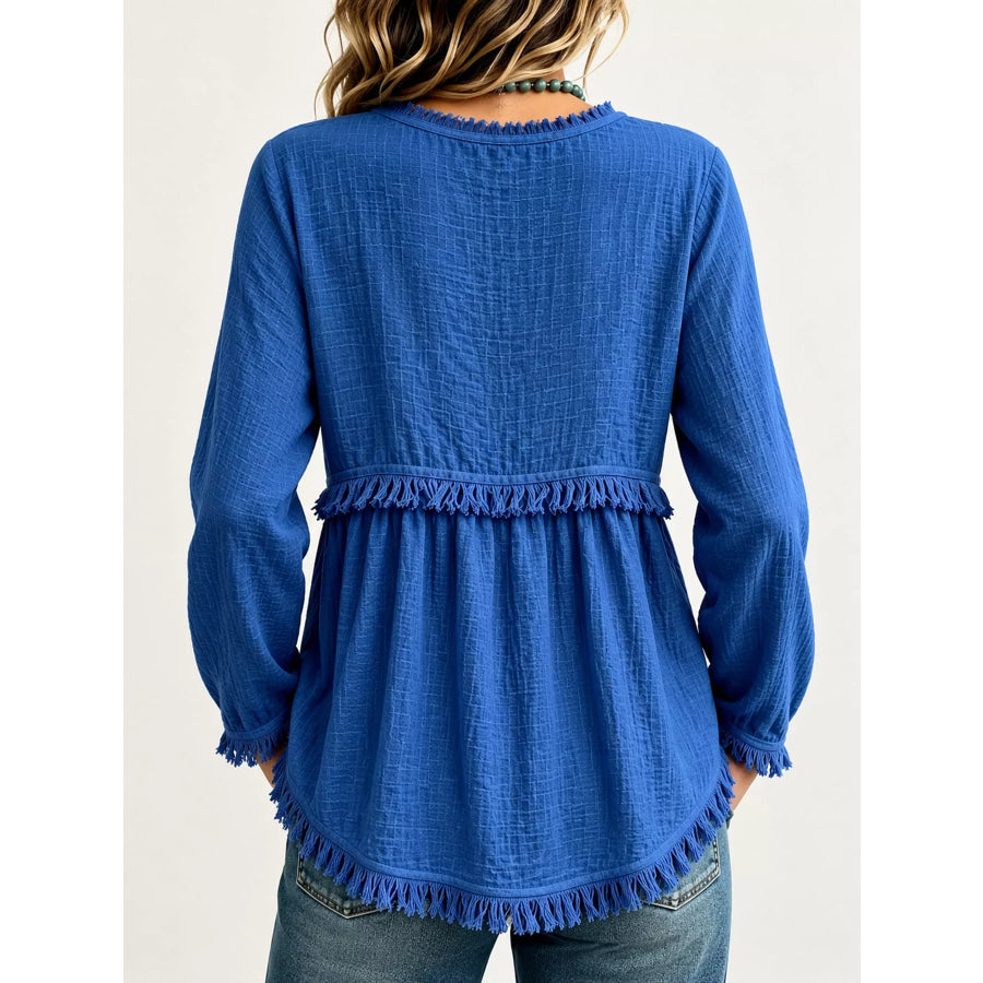Full Size Fringed Trim V-Neck Long Sleeve Blouse Plus Apparel and Accessories