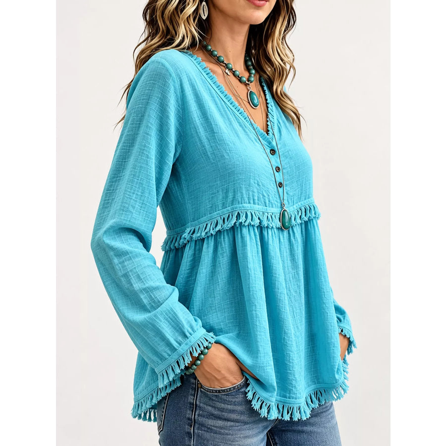 Full Size Fringed Trim V-Neck Long Sleeve Blouse Plus Apparel and Accessories