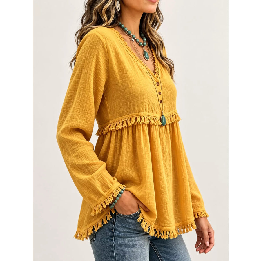 Full Size Fringed Trim V-Neck Long Sleeve Blouse Plus Apparel and Accessories