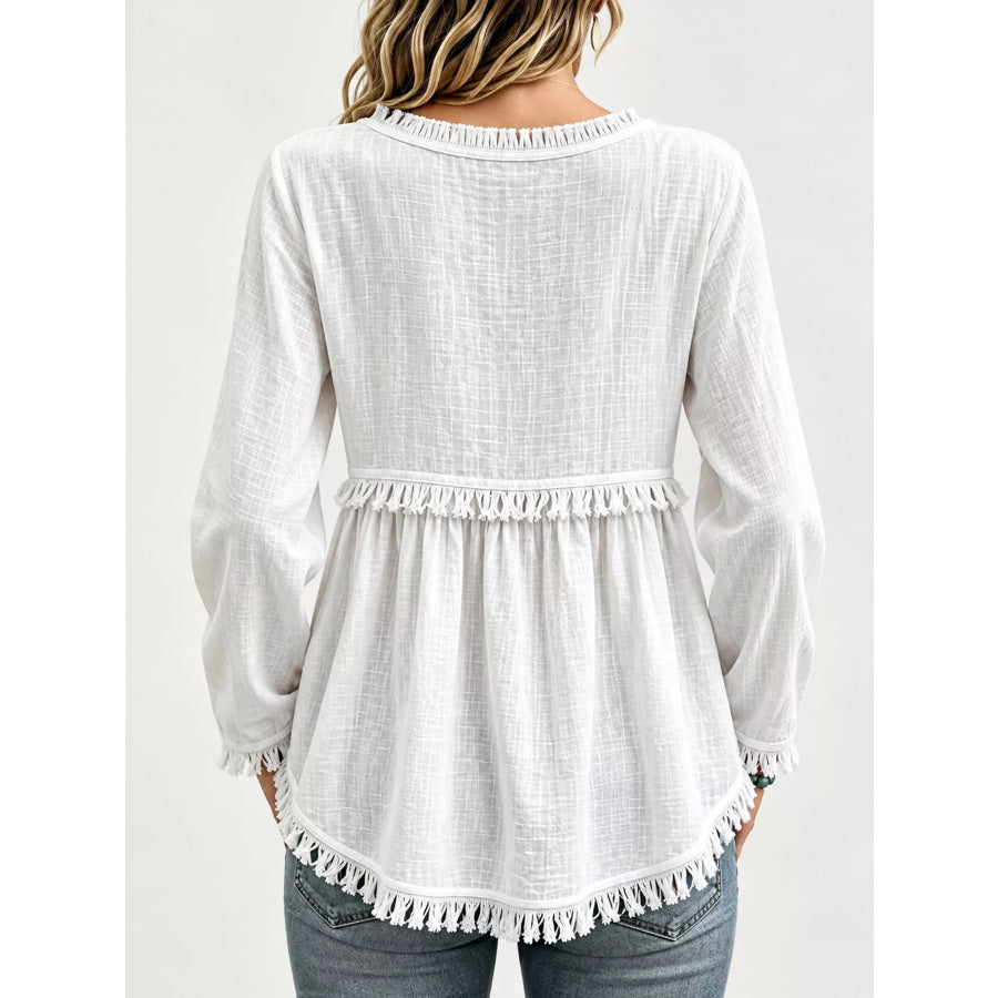 Full Size Fringed Trim V-Neck Long Sleeve Blouse Plus Apparel and Accessories