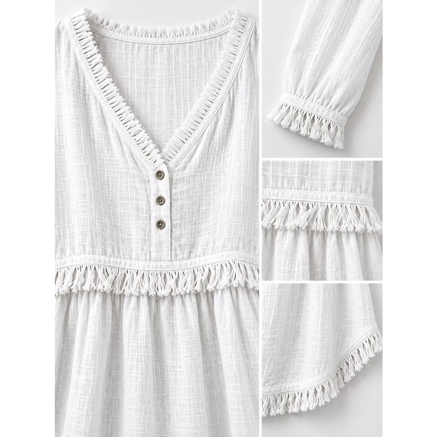 Full Size Fringed Trim V-Neck Long Sleeve Blouse Plus Apparel and Accessories
