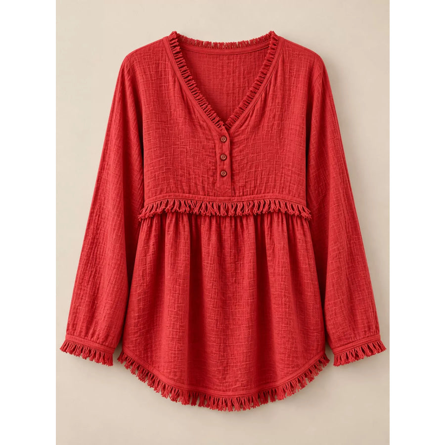 Full Size Fringed Trim V-Neck Long Sleeve Blouse Plus Apparel and Accessories