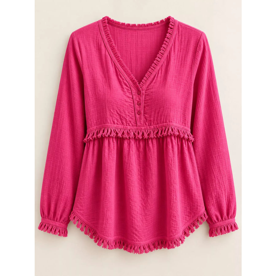 Full Size Fringed Trim V-Neck Long Sleeve Blouse Plus Apparel and Accessories