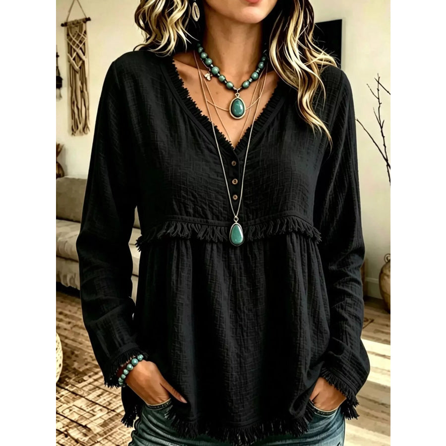 Full Size Fringed Trim V-Neck Long Sleeve Blouse Plus Black / S Apparel and Accessories