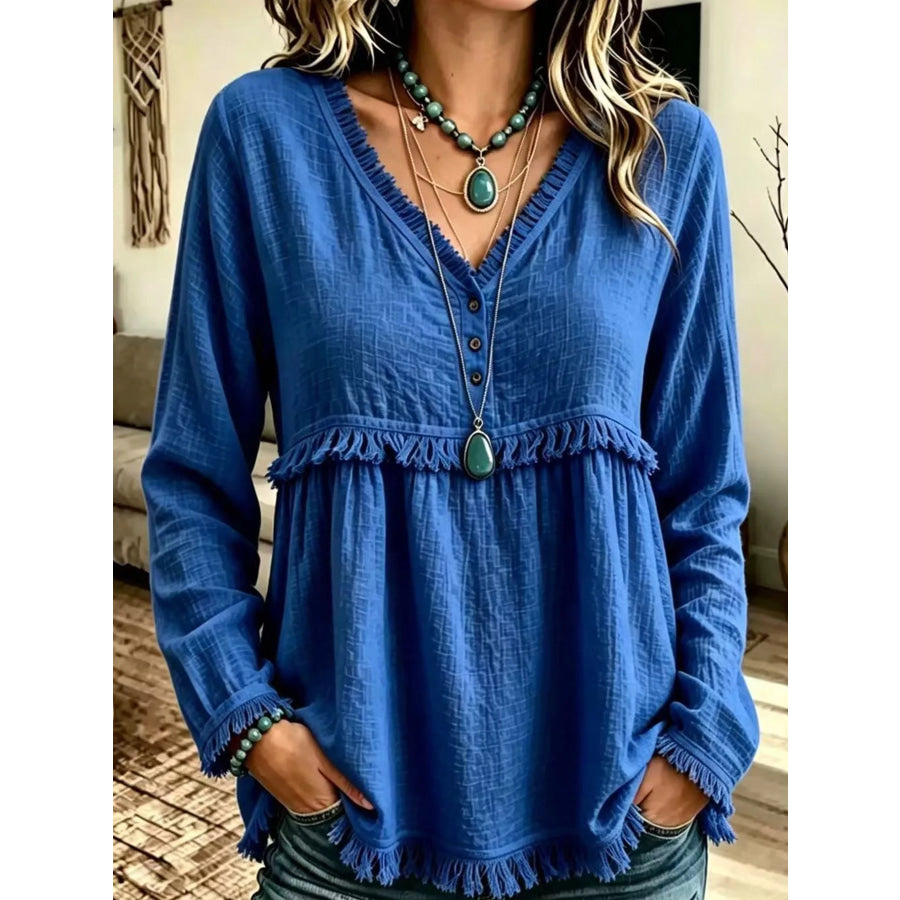 Full Size Fringed Trim V-Neck Long Sleeve Blouse Plus Blue / S Apparel and Accessories