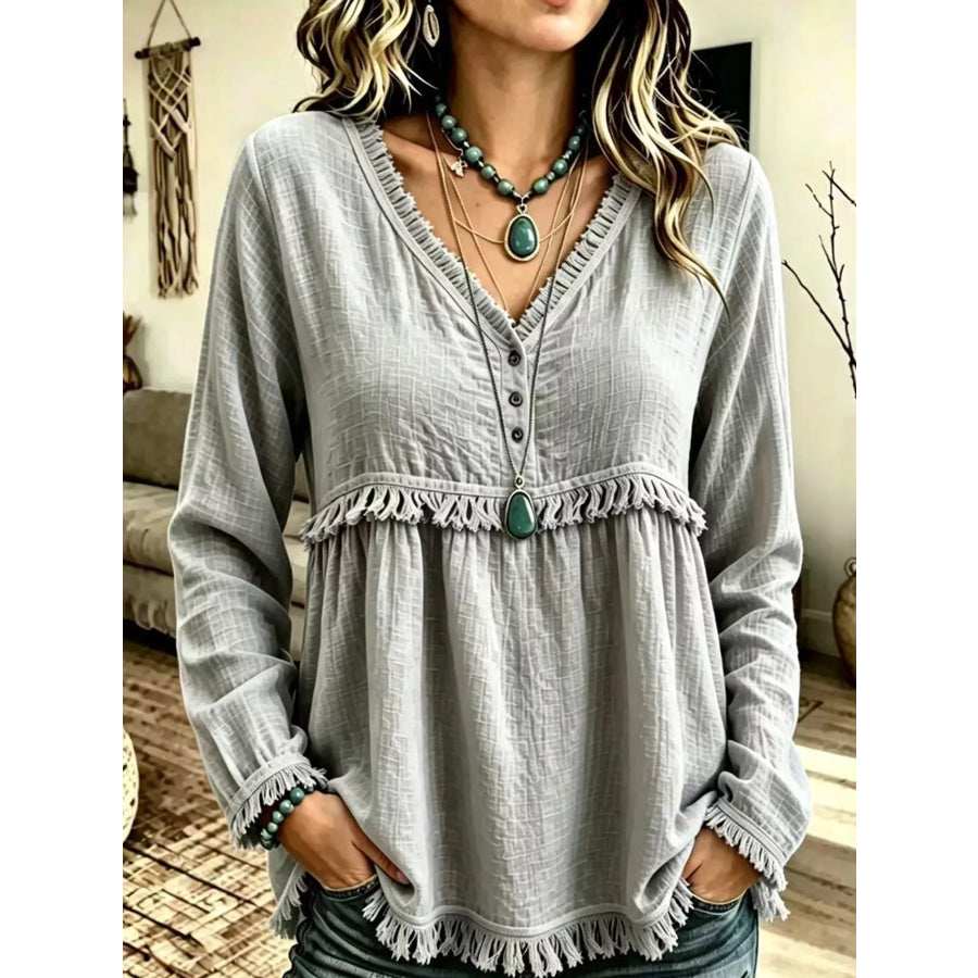 Full Size Fringed Trim V-Neck Long Sleeve Blouse Plus Gray / S Apparel and Accessories