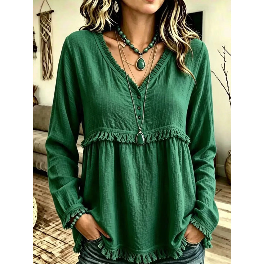 Full Size Fringed Trim V-Neck Long Sleeve Blouse Plus Green / S Apparel and Accessories