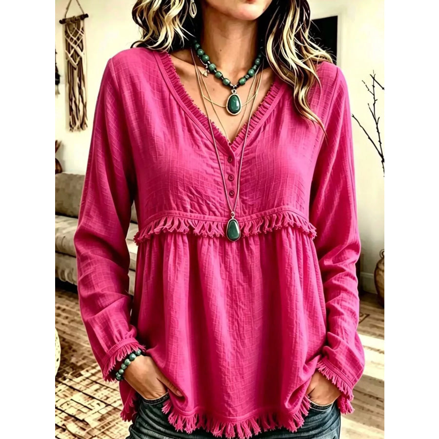 Full Size Fringed Trim V-Neck Long Sleeve Blouse Plus Hot Pink / S Apparel and Accessories