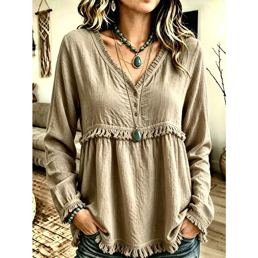 Full Size Fringed Trim V-Neck Long Sleeve Blouse Plus Khaki / S Apparel and Accessories