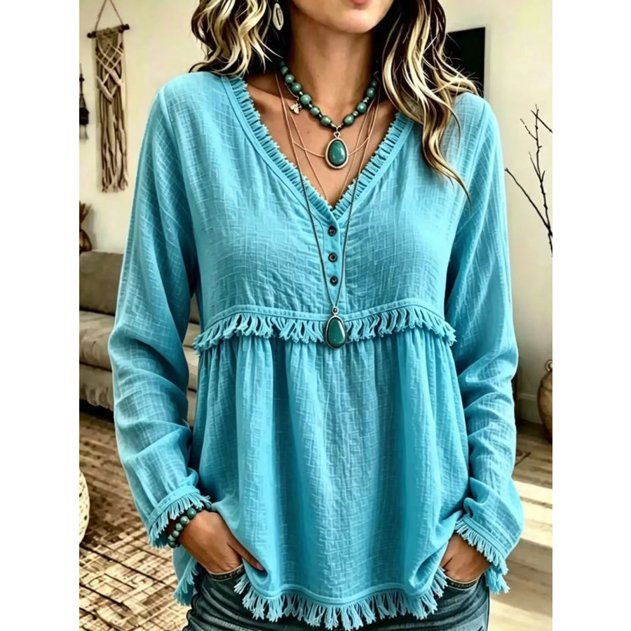 Full Size Fringed Trim V-Neck Long Sleeve Blouse Plus Lake Blue / S Apparel and Accessories