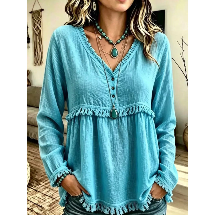 Full Size Fringed Trim V-Neck Long Sleeve Blouse Plus Lake Green / S Apparel and Accessories