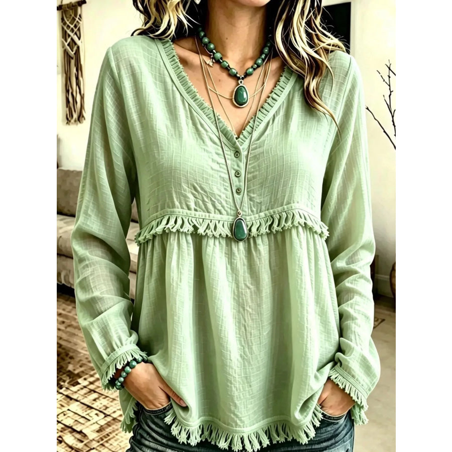 Full Size Fringed Trim V-Neck Long Sleeve Blouse Plus Light Green / S Apparel and Accessories