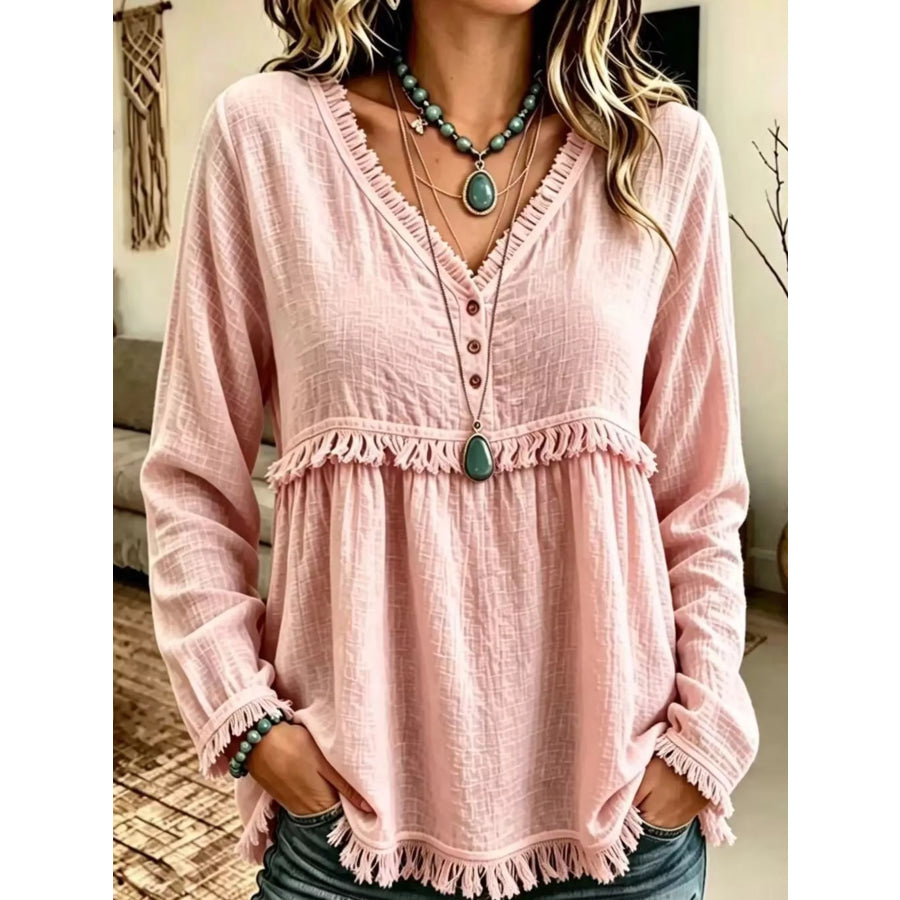 Full Size Fringed Trim V-Neck Long Sleeve Blouse Plus Pink / S Apparel and Accessories