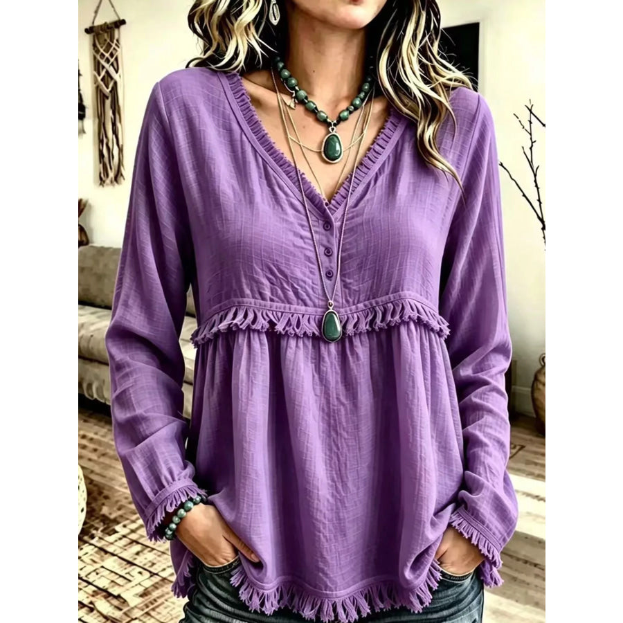 Full Size Fringed Trim V-Neck Long Sleeve Blouse Plus Purple / S Apparel and Accessories