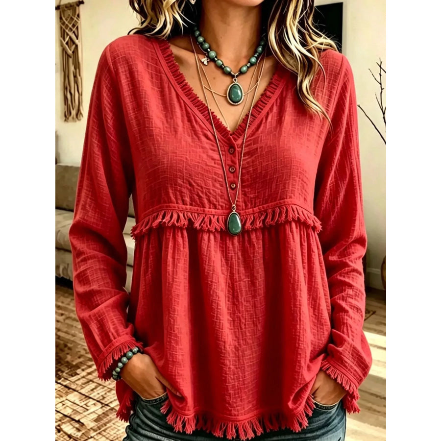 Full Size Fringed Trim V-Neck Long Sleeve Blouse Plus Red / S Apparel and Accessories