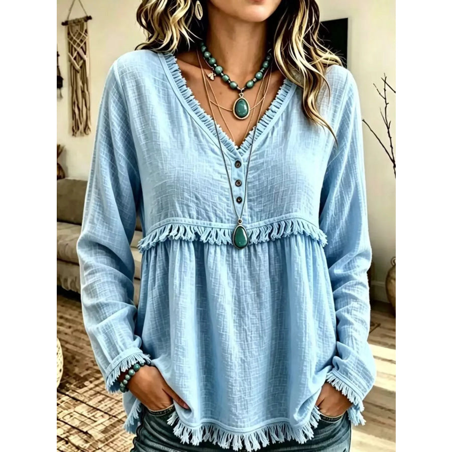 Full Size Fringed Trim V-Neck Long Sleeve Blouse Plus Sky Blue / S Apparel and Accessories