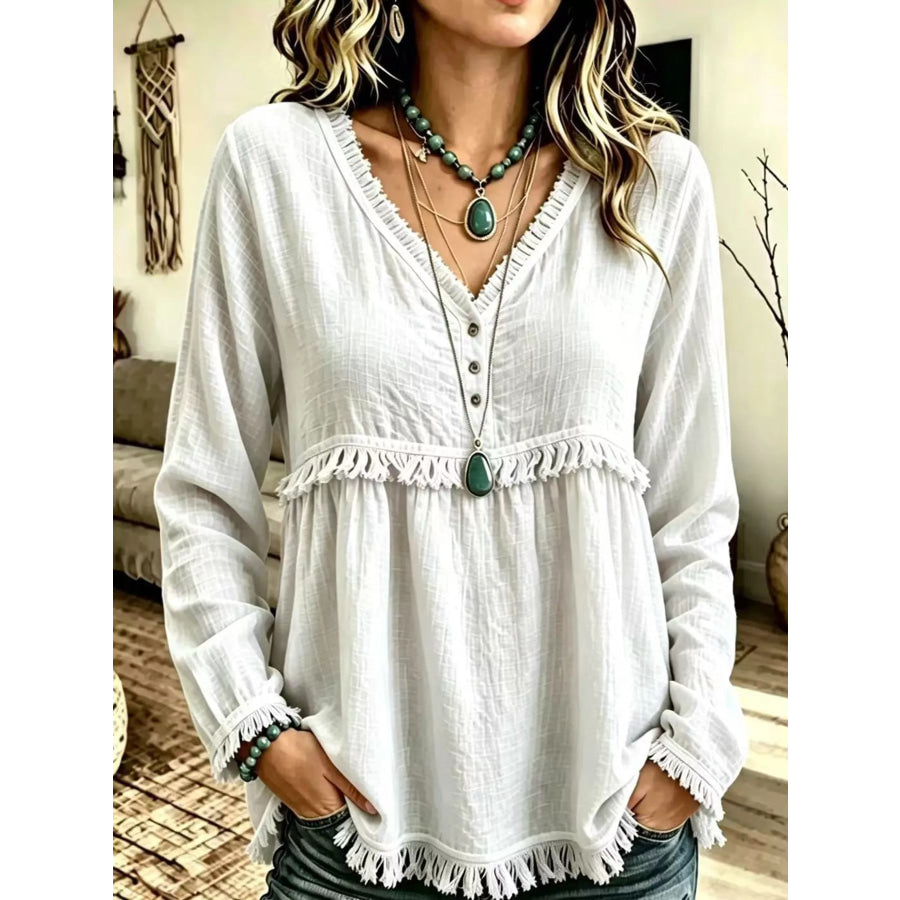 Full Size Fringed Trim V-Neck Long Sleeve Blouse Plus White / S Apparel and Accessories