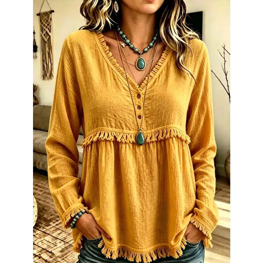 Full Size Fringed Trim V-Neck Long Sleeve Blouse Plus Yellow / S Apparel and Accessories