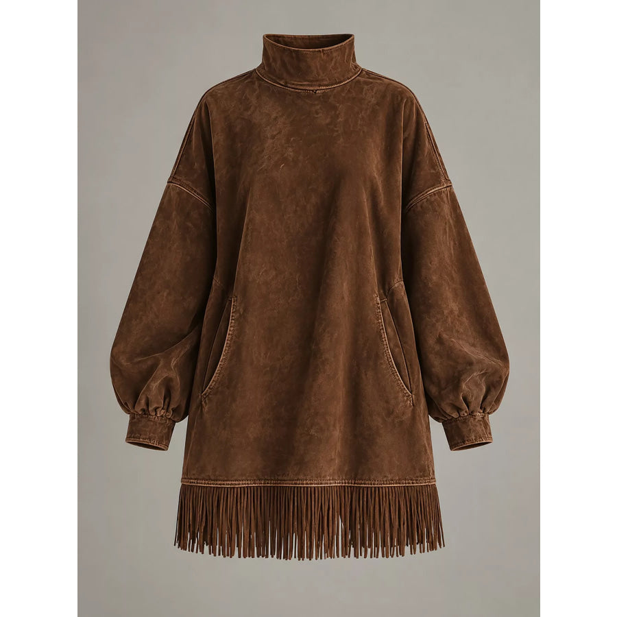 Full Size Fringed Turtleneck Long Sleeve Mini Dress Plus Apparel and Accessories
