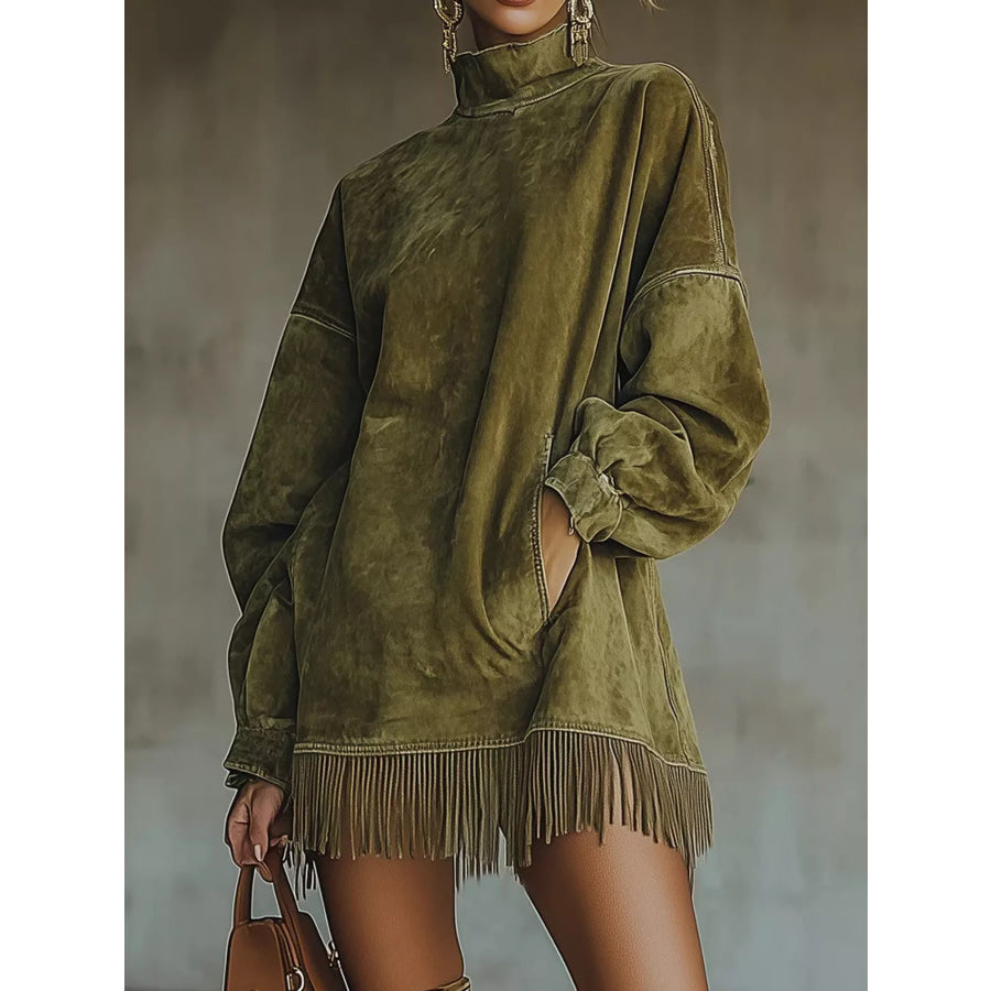 Full Size Fringed Turtleneck Long Sleeve Mini Dress Plus Army Green / XS Apparel and Accessories