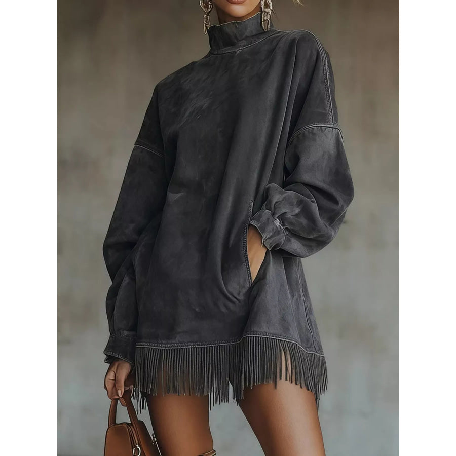 Full Size Fringed Turtleneck Long Sleeve Mini Dress Plus Black / XS Apparel and Accessories