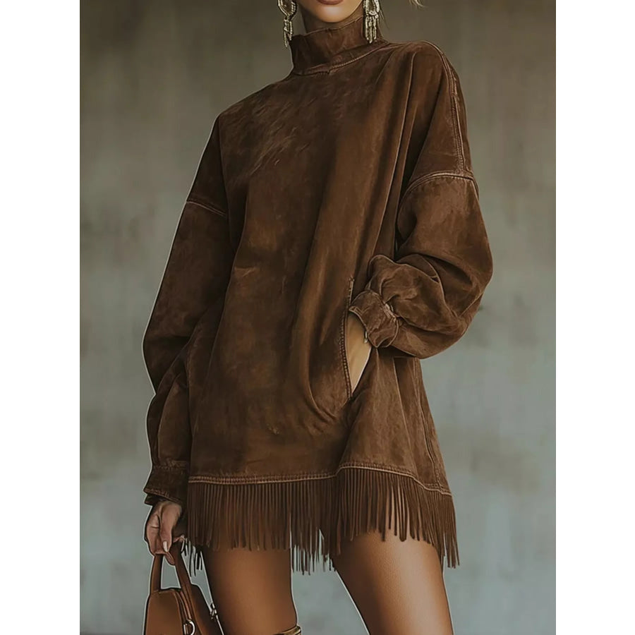 Full Size Fringed Turtleneck Long Sleeve Mini Dress Plus Coffee / XS Apparel and Accessories