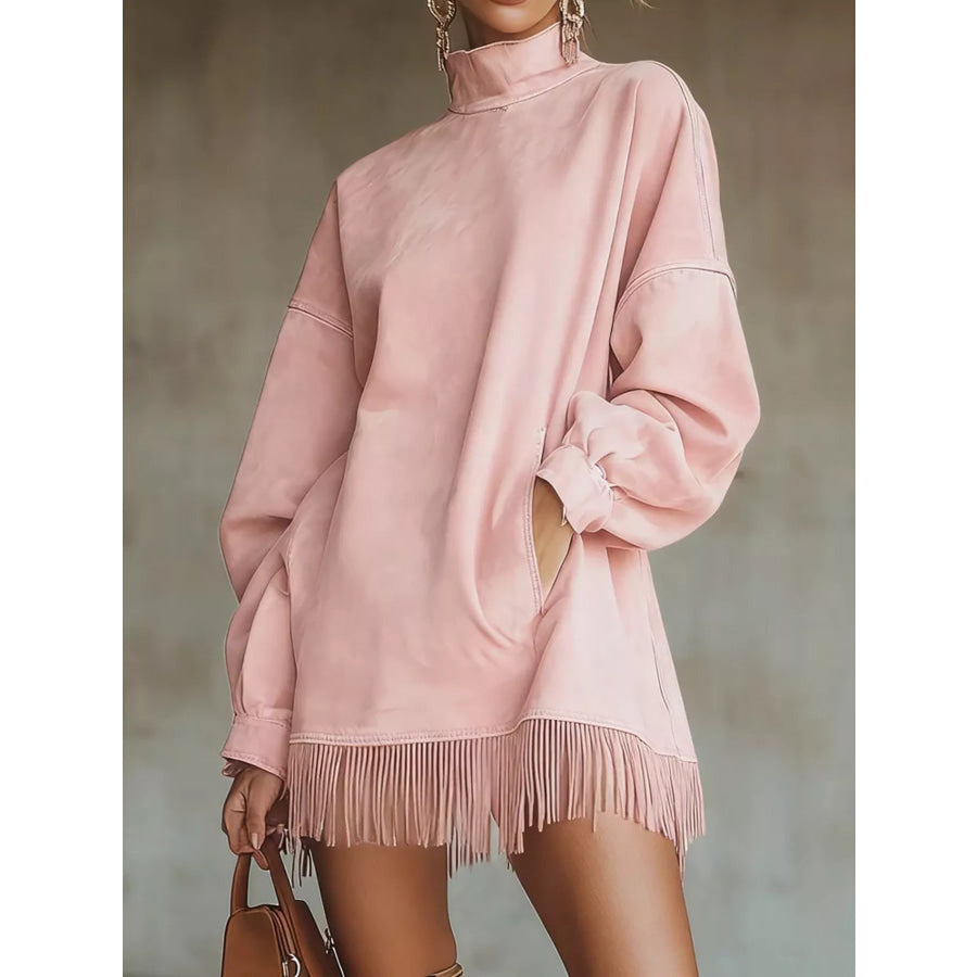 Full Size Fringed Turtleneck Long Sleeve Mini Dress Plus Pink / XS Apparel and Accessories
