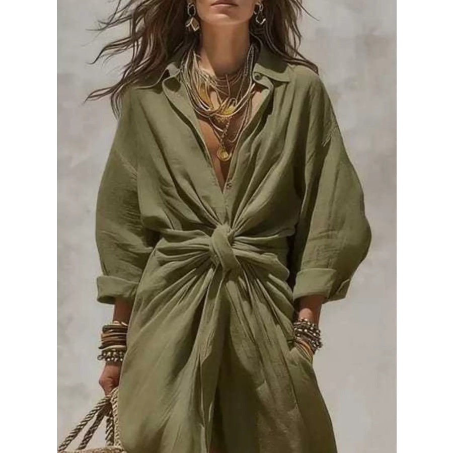 Full Size Front-Tie Linen Blend Maxi Dress Plus Apparel and Accessories