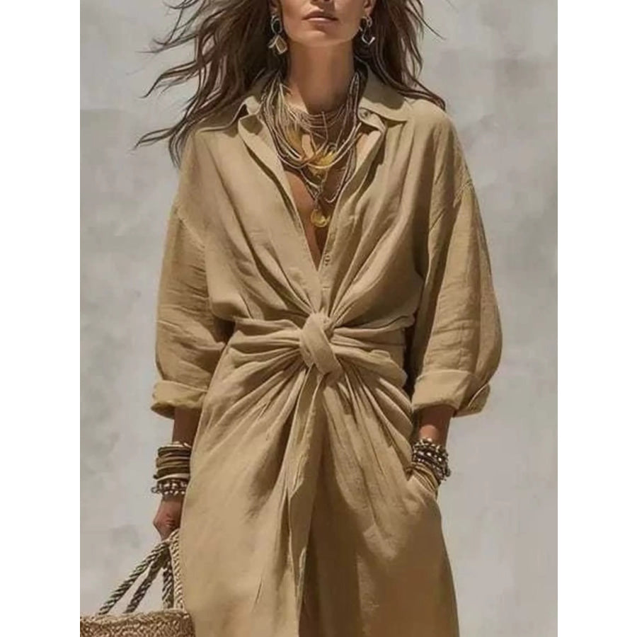 Full Size Front-Tie Linen Blend Maxi Dress Plus Apparel and Accessories